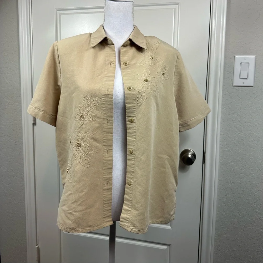 Vintage Alfred Dunner Linen Blend Embroidered Floral Beaded Button Down Size 10P